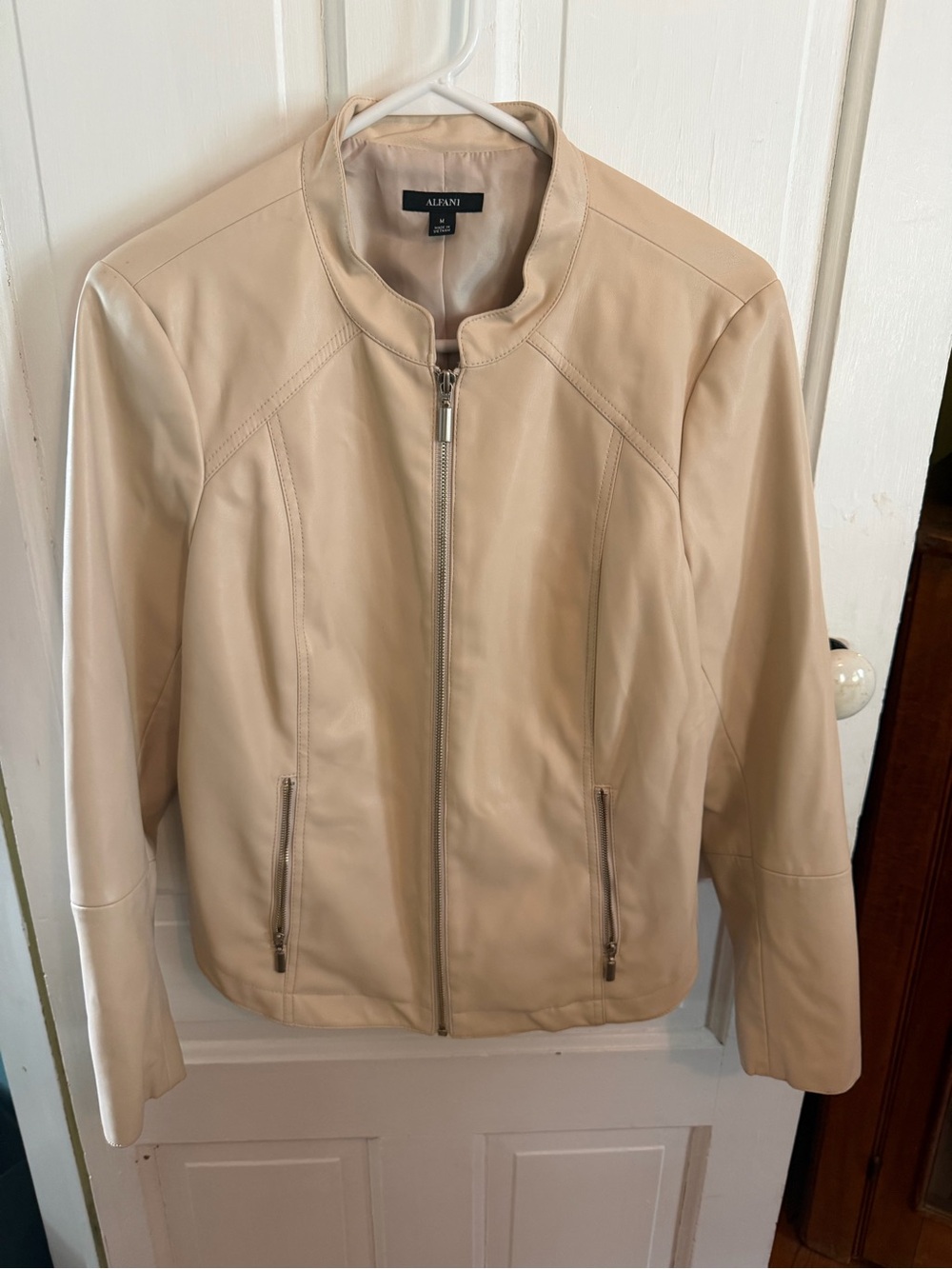 Alfani Cream Zip-Front Leather Bomber Jacket